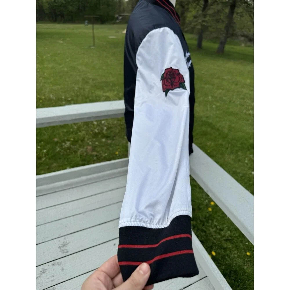Hollister Varsity Jacket Small Black White Bomber LA Sherpa Lined Rose Patch